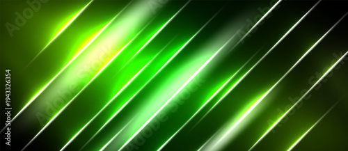Abstract green lines create dynamic visual effect. Bright glow emanates from central area, contrasting dark borders. Modern design.