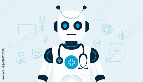Robot Doctor AI Healthcare Technology Flat Vector Illustration