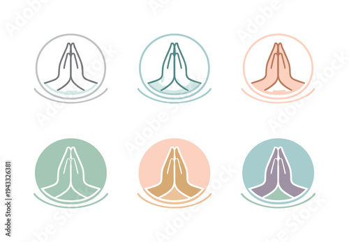 Emblem communicating meditative lifestyle routine shown as folded hands in prayer position enclosed within a soft circular frame