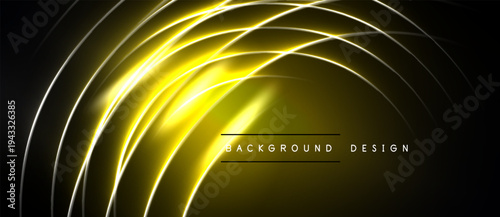 Dynamic yellow neon lines create abstract curved shapes. Dark background enhances glowing effect, modern design element.