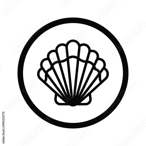 Simple Black and White Scallop Shell Icon in Circle