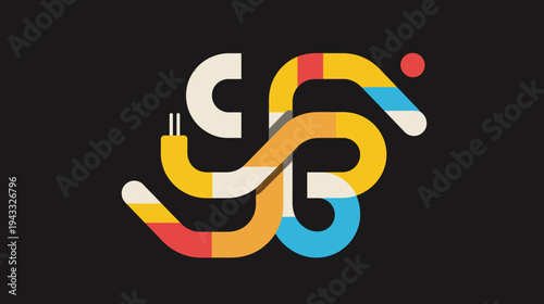 Abstract geometric design with colorful shapes and lines on dark background