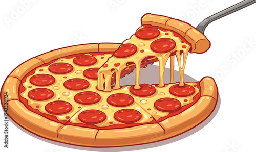 Adobe IllusHot pepperoni pizza with melting cheese slice on a server, delicious Italian fast food vector illustration on white.trator Artwork