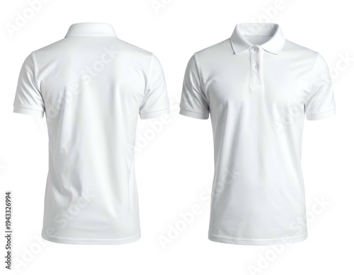 Clean white polo shirts shown front and back, crisp, plain, ready