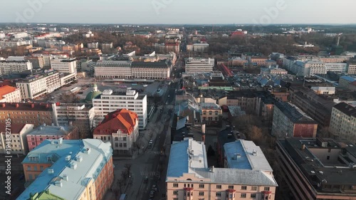 Aerial view of Turku city center skyline and urban landscape, Finland.