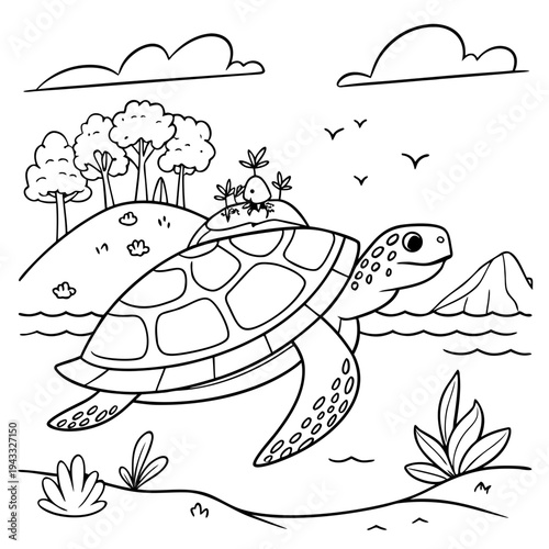 Cute cartoon turtle swimming in the ocean near tropical island with palm trees clouds and birds flying overhead in background