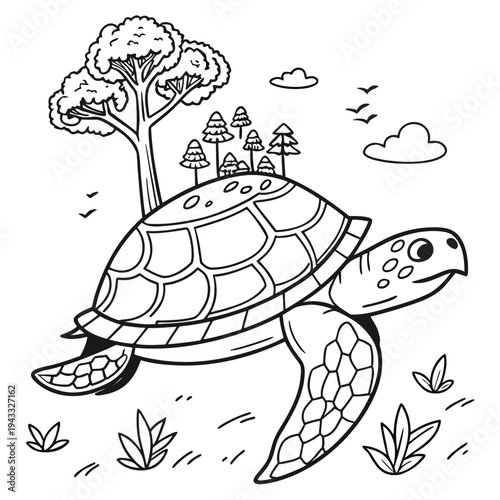 Cheerful sea turtle with lush island forest on its shell swimming over grassy ocean floor for kids marine life coloring page and educational project
