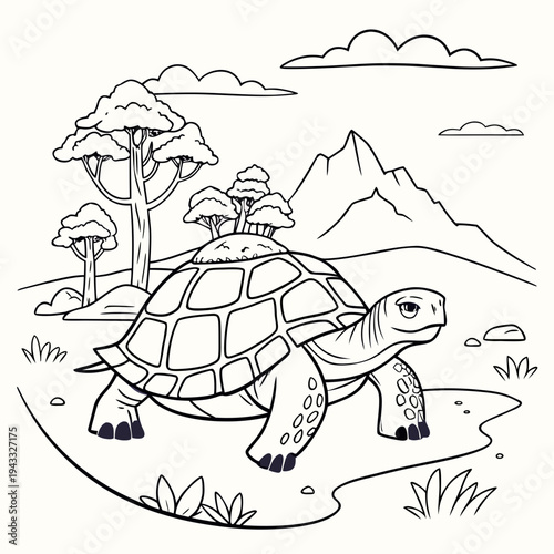 Large tortoise with mountain and forest landscape on shell standing in desert valley with mountains and clouds for detailed coloring book worksheet