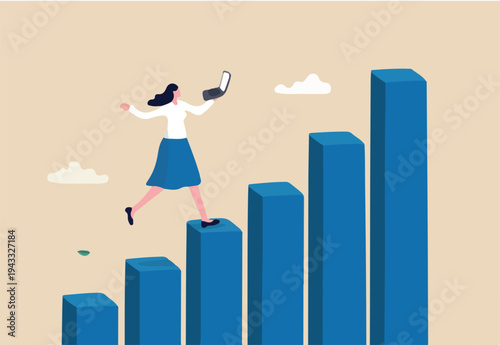 Growth or improvement, progress on career path to achieve business goal, motivation to success, step to skill development concept, businesswoman working on laptop walk up growing graph and chart