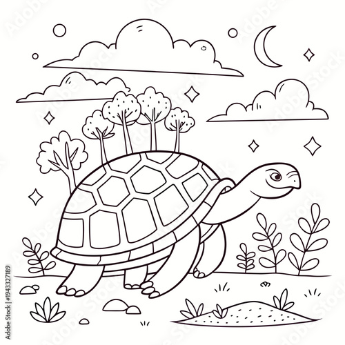 Land turtle walking through landscape with trees on its back coloring page vector illustration of giant tortoise under moon and clouds sky night