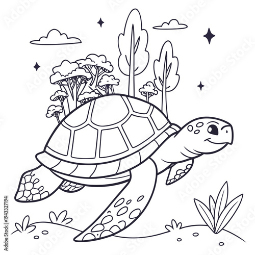 Sea turtle with woodland forest on back coloring page vector illustration of fantasy marine animal swimming above seabed with plants and stars sky