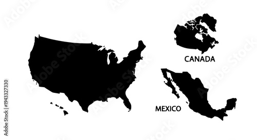 Map silhouette of North America with Canada and Mexico outlined featuring USA, black, geography with continent and