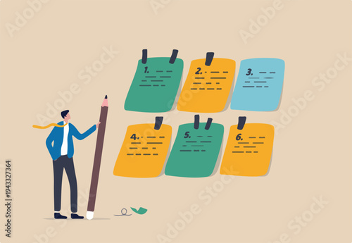 Category or prioritize work for project management, sorting important or urgency tasks, organize and plan for business success, kind or type concept, businessman with pencil categorized sticky notes.