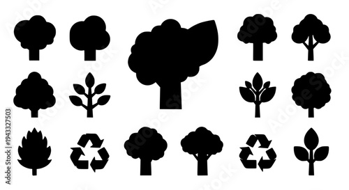 Trees black silhouettes set with various leafy shapes and recycling symbols. featuring tree, silhouette, leaf with
