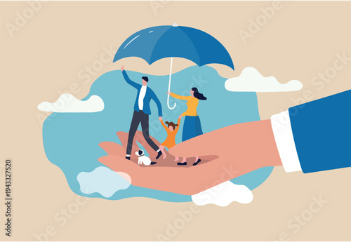 Life insurance, family protection to assure members will be financially supported and risk cover concept, lovely family with husband, wife and kids in supporting hand with umbrella cover protection