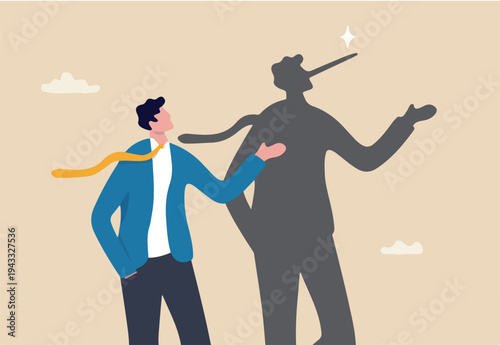Honesty or trust, liar, fake or business fraud, integrity or telling the truth, false information, cheating or hiding the truth concept, dishonesty businessman lying with Pinocchio long nose shadow
