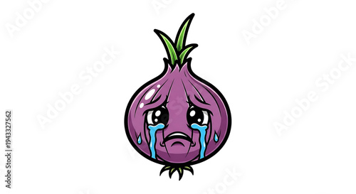 Crying sad purple onion character with big eyes and tears falling down expressing extreme sadness and disappointment isolated on white background cartoon style illustration