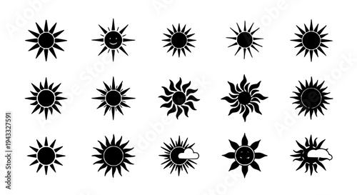 Sun icons set with black silhouettes and various ray designs on white background featuring silhouette, rays, solar with