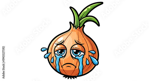 Sad crying onion character with big blue eyes and a downturned mouth conveying strong emotion of sadness and distress illustrated in a cartoon style with vibrant colors