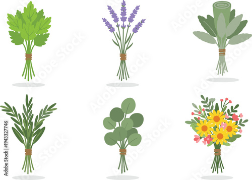 Flat vector illustration of fresh herb bundles including lavender rosemary parsley sage and eucalyptus with a small wildflower bouquet, isolated on white background for organic cooking.