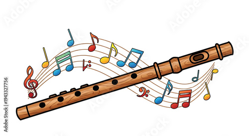 Wooden flute with colorful musical notes and treble clef swirling around it symbolizing melody harmony and the joy of music creation and performance isolated on a white background
