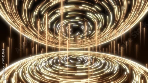 Abstract Digital Background Featuring Dynamic Golden Light Trails Swirling In Symmetrical Circular Patterns Against A Dark Backdrop, With Vertical Glowing Lines And Warm Cinematic Lighting Creating.