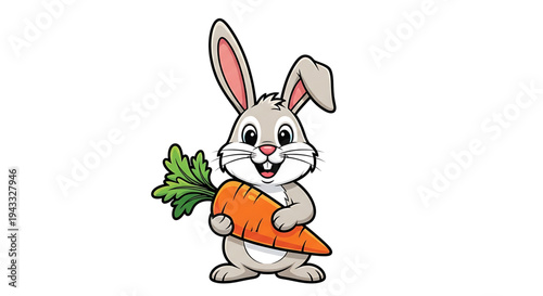 Adorable cartoon bunny rabbit character holding a large fresh vibrant orange carrot with green leafy top isolated on a clean white background perfect for children's books easter