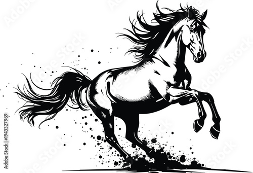 Dynamic black and white ink sketch of a powerful horse galloping with water splashes, artistic equine vector on white.