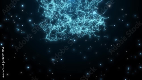 Abstract Blue Digital Plexus Communication Network With Glowing Geometric Lines And Nodes Connecting In A Complex Pattern Against A Dark Black Background Featuring Floating Luminous Particles And Soft