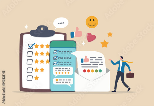 Customer survey, feedback to improve service, online and offline survey, review or poll rating, user satisfaction report or questionnaire concept, man with survey on clipboard paper, mobile and email.