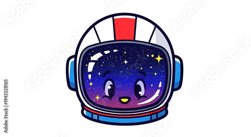 Adorable cartoon astronaut helmet with a starry galaxy reflection in the visor featuring a cute happy face and vibrant cosmic colors perfect for children's themes and space