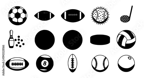 Balls sports icon set with soccer, rugby, American football, and volleyball featuring icons, baseball, golf ball with