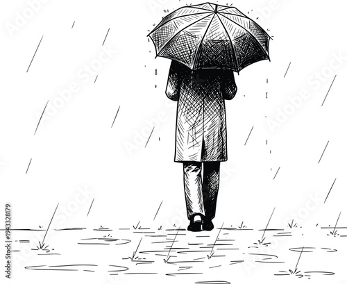 Black and white sketch of a person walking in the rain with an umbrella from back view for seasonal weather and melancholy