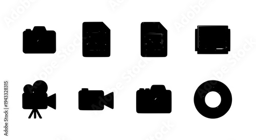 Cameras and folders icon set with black silhouette graphics on white background featuring camera, folder, icons with