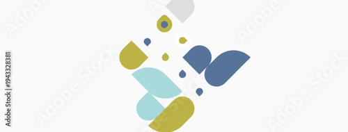 Abstract shapes overlap, creating modern composition. Soft colors dominate, offering minimalist aesthetic. Simple design, clean lines.