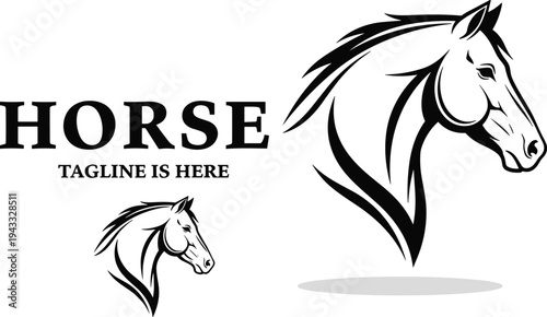 Elegant Black and White Stallion Horse Head Vector Logo Illustration Set with Modern Serif Typography and Minimalist Equestrian Graphic Design Branding