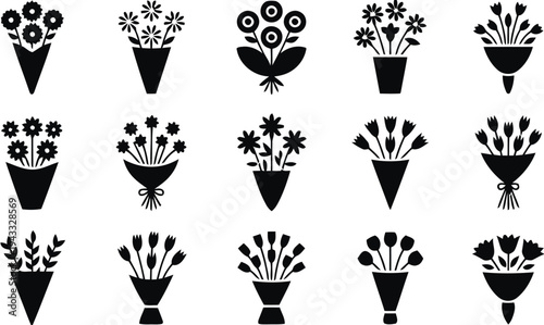 Array of flower bouquet silhouettes, floral arrangements, and gift flower icons, decorative floral elements for greeting cards and celebration designs, black vector graphics