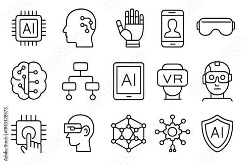 Artificial intelligence and future technology icon set featuring brain chip neural network virtual reality goggles robotics and machine learning symbols for digital transformation and innovation