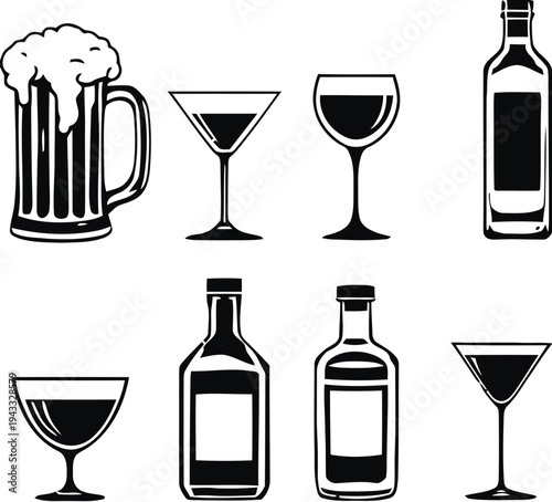 Alcoholic and non-alcoholic beverage set, beer mug, martini glass, wine glass, bottles, cocktails, refreshing drinks, party beverages, black and white