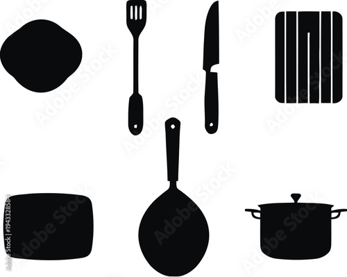 Arrangement of kitchen utensil and cooking ware icons including spatulas, knives, cutting boards, and pot, symbolizing culinary activities for food preparation and recipes.