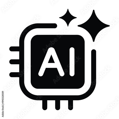 Artificial intelligence chip icon vector illustration, ai processor symbol with glowing effect, technology concept.