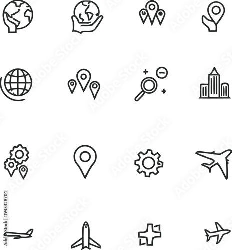 Assortment of modern flat icons for business, travel and technology, featuring globes, maps, pin pointers, airplanes, search tools, buildings, and connectivity symbols for digital communication.