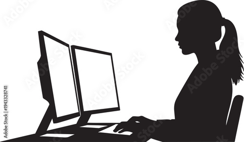 Profile silhouette of a professional woman diligently working at her computer workstation with dual monitors, focused on her digital tasks