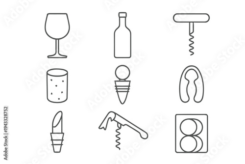 Assortment of wine related items, featuring wine glasses, bottles, corks, stoppers, openers, aerators, and packaging, for wine lovers and beverage industry