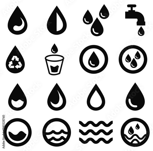 Assortment of water drop icons and related symbols, including taps, recycling, and wavy lines, representing hydration, purity, and liquid elements.