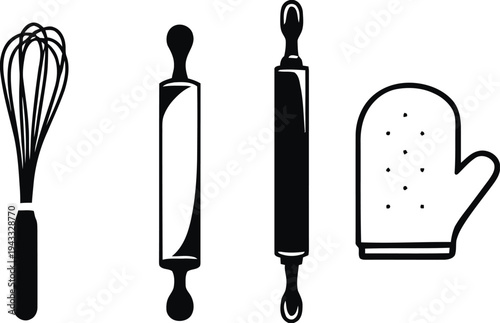 Baking tools and kitchenware icons with whisk, rolling pins, and oven mitt, representing culinary arts, cooking, pastry making, and homemade food preparation, clean vector graphics