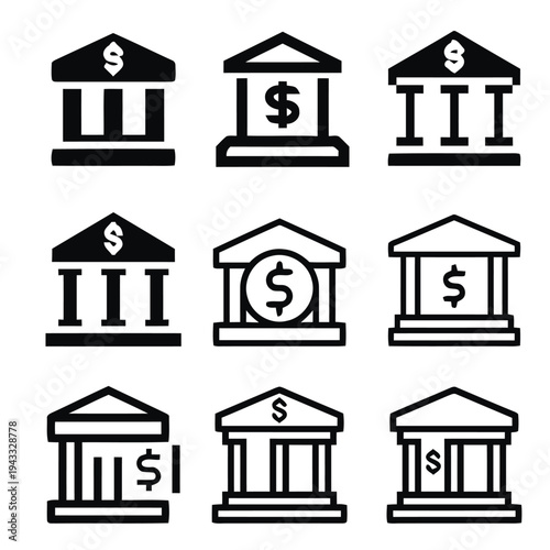 Bank building icons set financial institutions money savings economy banking services business investment transactions finance wealth isolated vector illustrations collection
