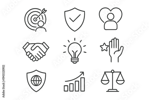 Business and finance icons symbolizing success, security, growth, teamwork, and ethical practices for corporate and professional presentations