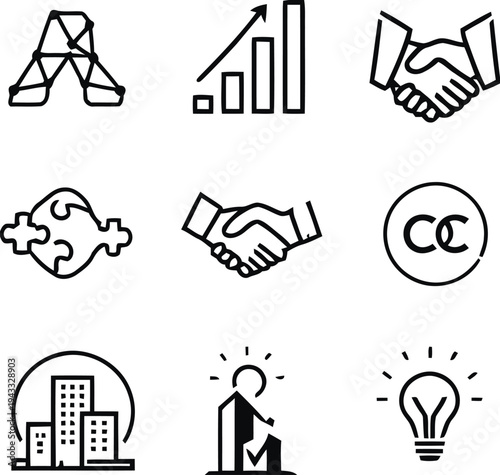 Business and finance icons set with abstract network handshake chart graph puzzle copyright symbol city buildings light bulb and person idea representing teamwork strategy growth and innovation