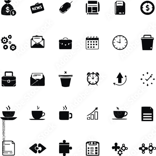 Business and finance icons set with money bag, news, envelope, printer, dollar sign, briefcase, calendar, clock, coffee cup and chart for corporate and office work concept